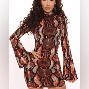 Fashion Nova Snakeskin Print Long Sleeve Dress